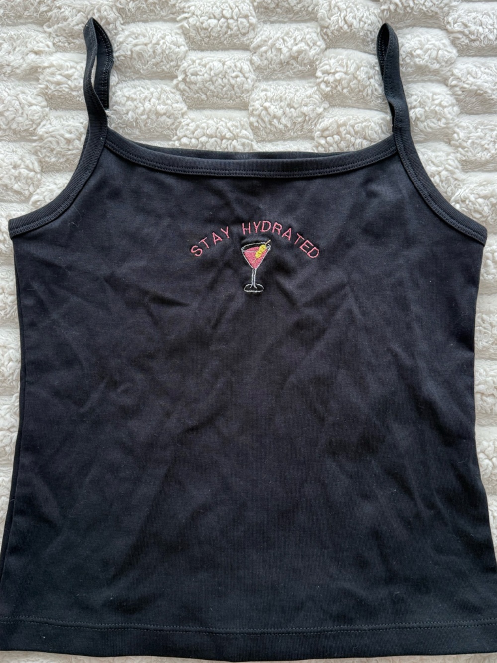 Uniqlo Black Tank Top with Pink Embroidered 'Stay Hydrated'